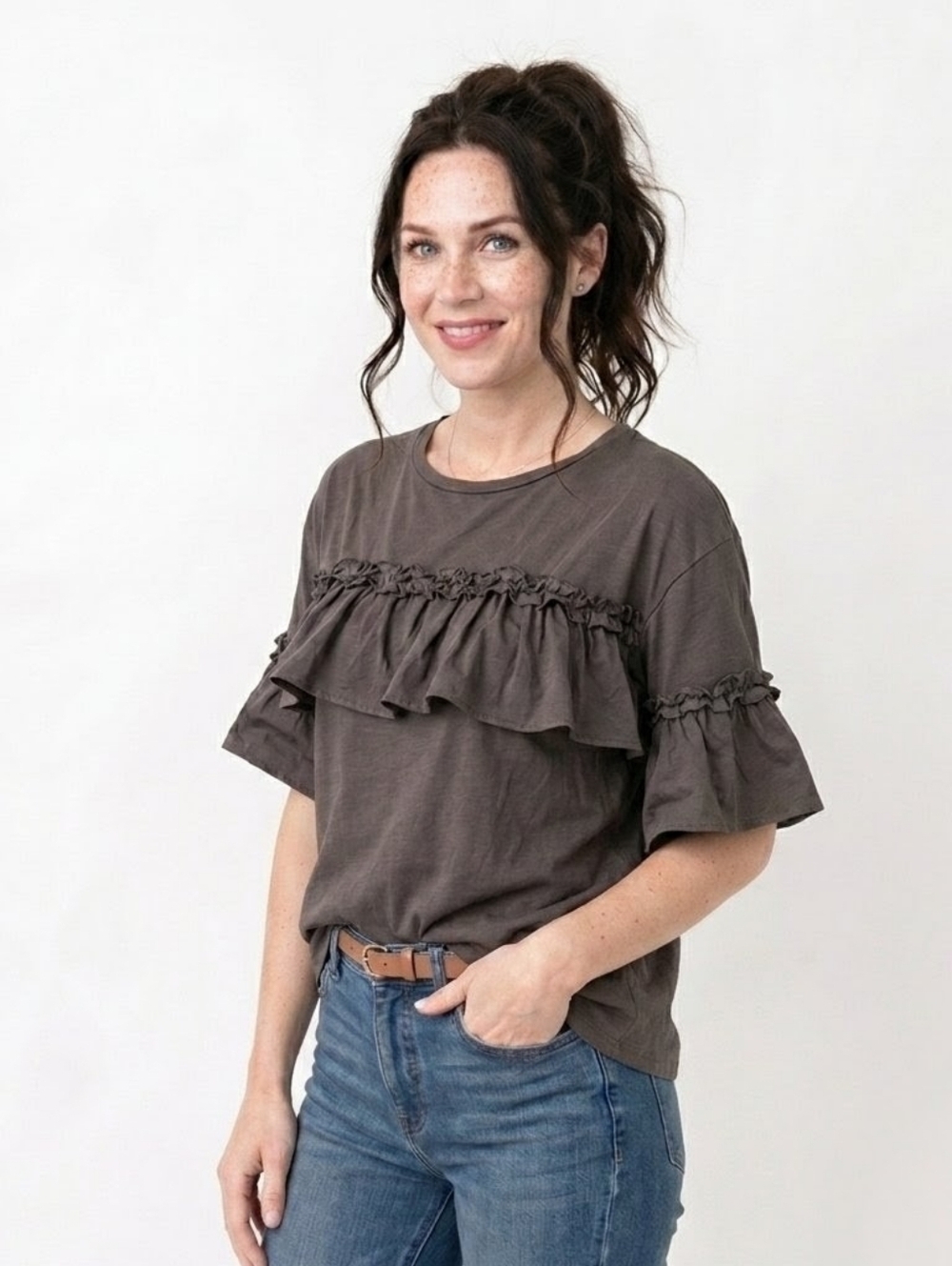 Beatrice Gray Ruffle Short Sleeve Tee